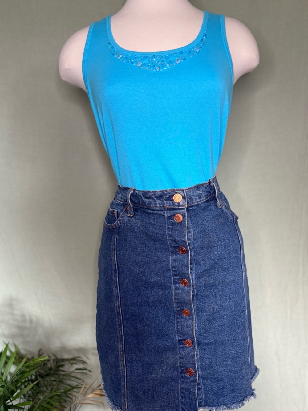 Turquoise Embellished Tank Top Y2K 100% Cotton